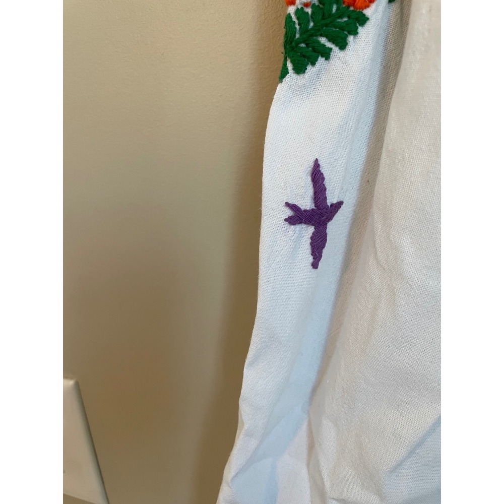 Mi Golondrina Flores Classic Embroidered Blouse Mexico White Floral Bird Size L - Picture 3 of 6